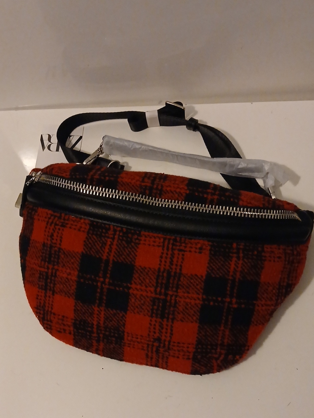 Zara Red and Black Plaid Crossbody Belt Bag NWT
